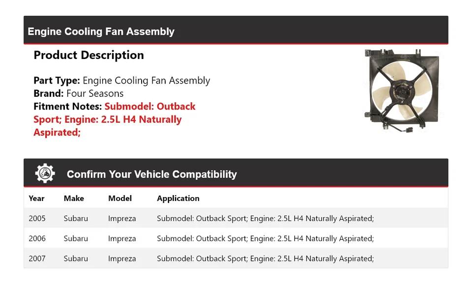 Conjunto de ventilador de refrigeración del motor Subaru Impreza 2005-2007 4 estaciones 2006 Foto 2 de 4