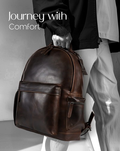 Handmade Leather Backpack Outer Pocket Fits 15.6" Laptop Professional Mens Bag - Picture 6 of 18