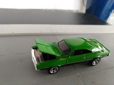 2004 Hot Wheels 69 Dodge Charger Open hood Grass Green Black Side