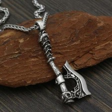 Men Viking Celtic Norse Wolf Raven Axe Pendant Leather Rope Link Chain Necklace