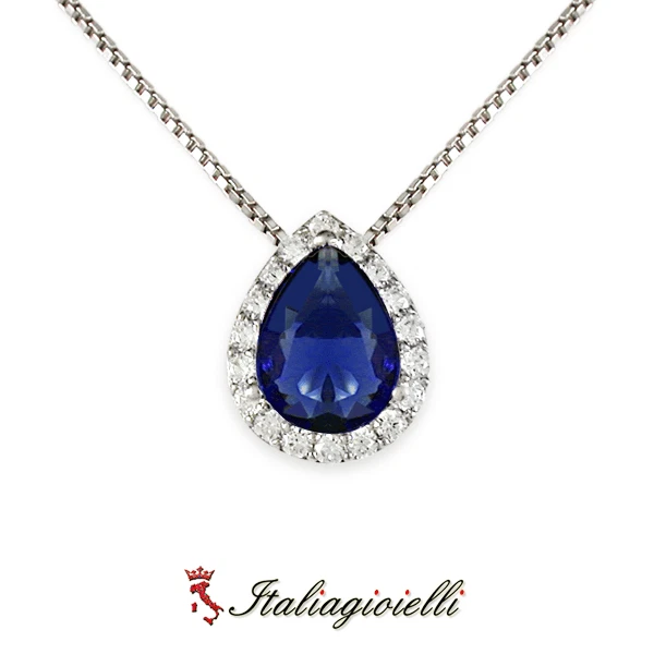 Fiabesca Collana Brillante Goccia con Zaffiro in Argento 925 Rodiato Oro Bianco - Immagine 3 di 4