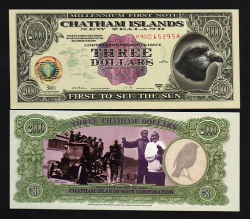 Chatham Islands 3 DOLLAR 1999 First tosee the Sun Commemorative UNC POLYMER NOTE - Picture 1 of 4