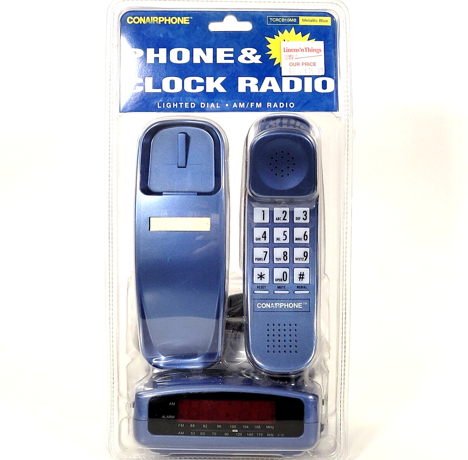 VINTAGE CONAIR TCRCB10MB CORDED PHONE & ALARM CLOCK SET MATALLIC BLUE NOS SEALED