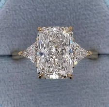 4CT Radiant Cut Moissanite Three Stone Engagement Ring 14k Yellow Gold Plated