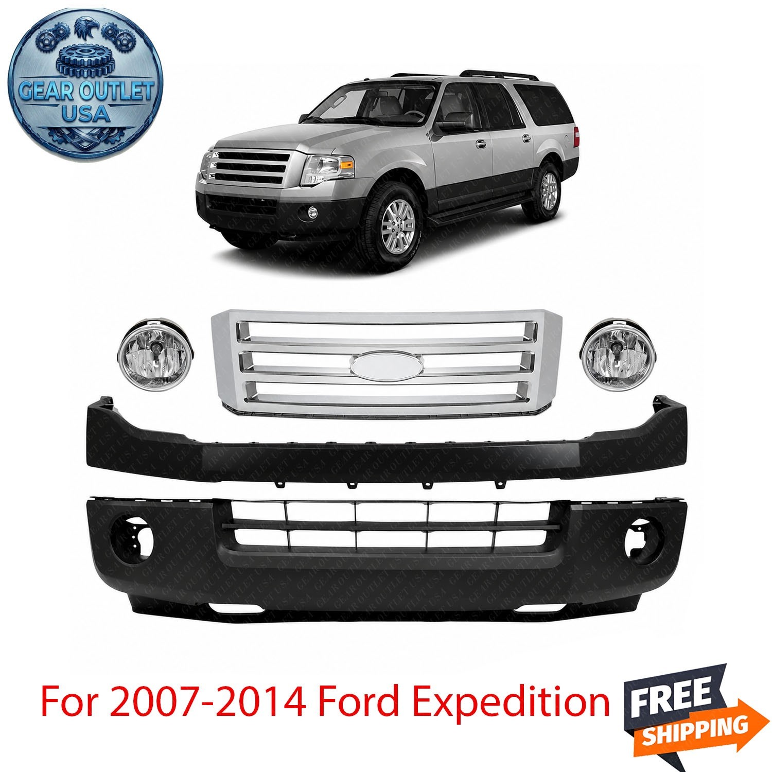 New Front Bumper Cover Primed & Fog Lights Kit For 2007-2014 Ford Expedition