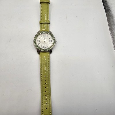 Avon Woman's Watch Vtg Green Rhinestones Leather Band Japan MOVT Estate Find...