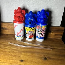 1993 Chuck E Cheese Pizza Drinking Cups Lot Of 3 With Two Straws