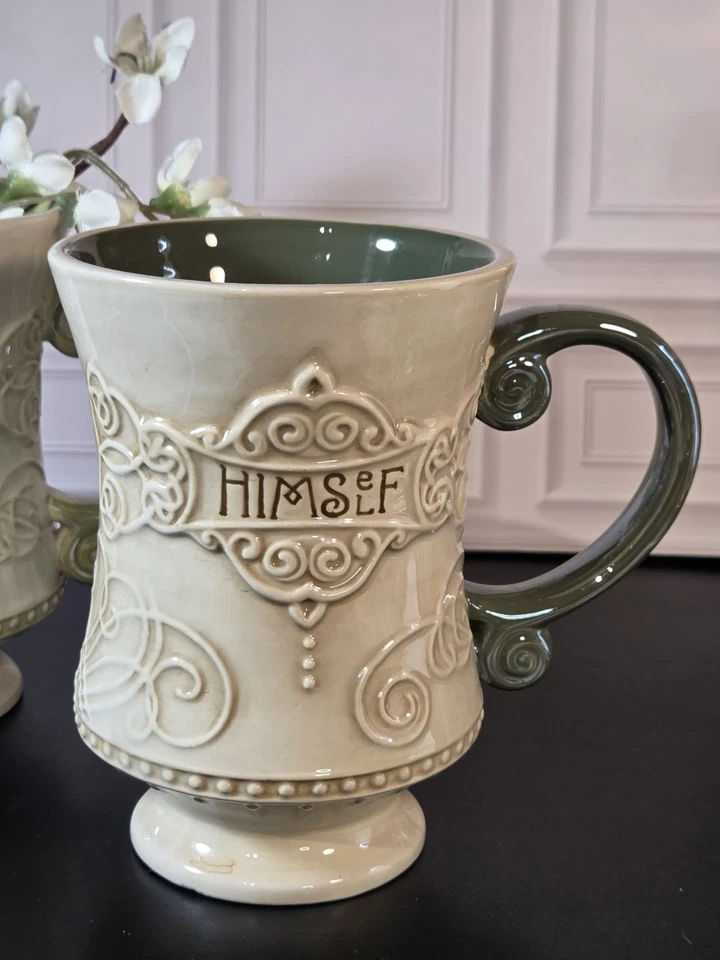 Juego de dos tazas de café irlandesas celtas arte popular verde y beige Foto 4 de 4