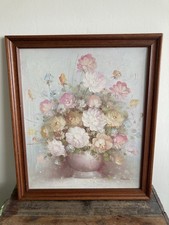 Grande quadro antico olio su tavola con cornice - natura morta - fiori / floreale