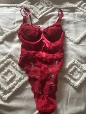 Vintage Victoria s Secret Red Second Skin Satin Sissy Thong Teddy Size 34B
