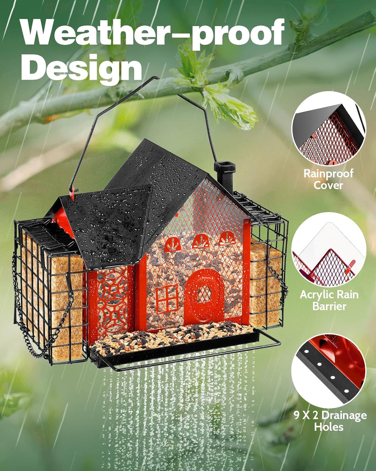 Outdoor Hanging Metal Bird Feeder with Double Suet Cage - Large Capacity