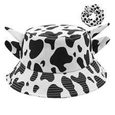 Unisex Cow Bucket Hat with Cute Horn Ears Cow Print Fisherman's Hats
