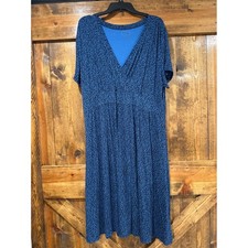 LL Bean Womens 2X Blue Ditsy Floral V-Neck Faux Wrap Midi Dress Short Sleeve