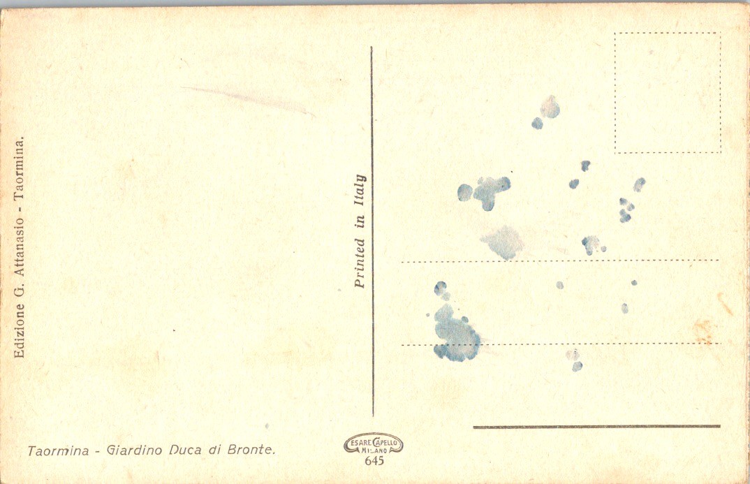 Taormina Sicily Postcard Giardino Duca di Bronte 1920s-50s Mount Etna View