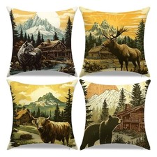 Vintage Cabin Linen Pillow Covers 18x18 Inch Set of 4 Rustic Cabin