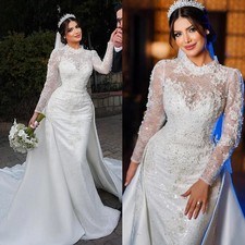 Church Lace Mermaid Wedding Dresses Long Sleeves Pearls Beaded High Neck