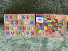 Set Of 2016 Wooden Puzzles, Alphabet And USA Map, States, Horizon Group, One NWT
