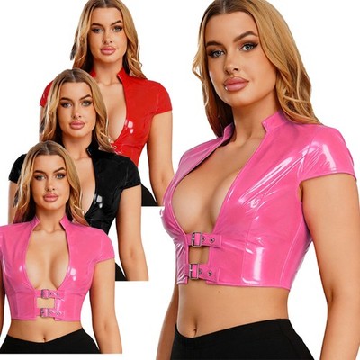 Women Vest Leather Top For Bustier Latex Clubwear Tank Party Nightwear Glossy