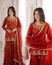 Elegant Designer Red Silk Kurta Palazzo With Dupatta For Wedding Wear