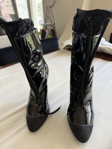 Miu Miu Black Patent Mid-Calf Boots Drawstring Nylon Top Stiletto Heel Womens