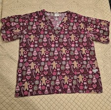 UA Scrubs Women's L Scrub Top Christmas Cotton Red Gingerbread