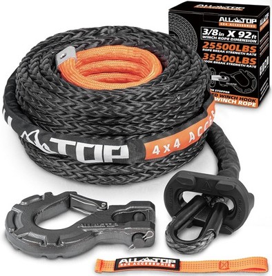 ALL-TOP Synthetic Winch Rope with Hook and Spacer, 3/8 in x 92 ft,