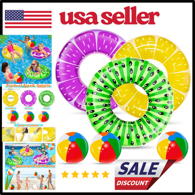 6 Pack Pool Floats Kids, 3 Pcs Inflatable Fruits Swim Tubes Rings & 3 Pcs Rainbo