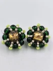Miriam Haskell Vintage Clip On Earrings Green Glass Beaded Gold Foil Art Glass