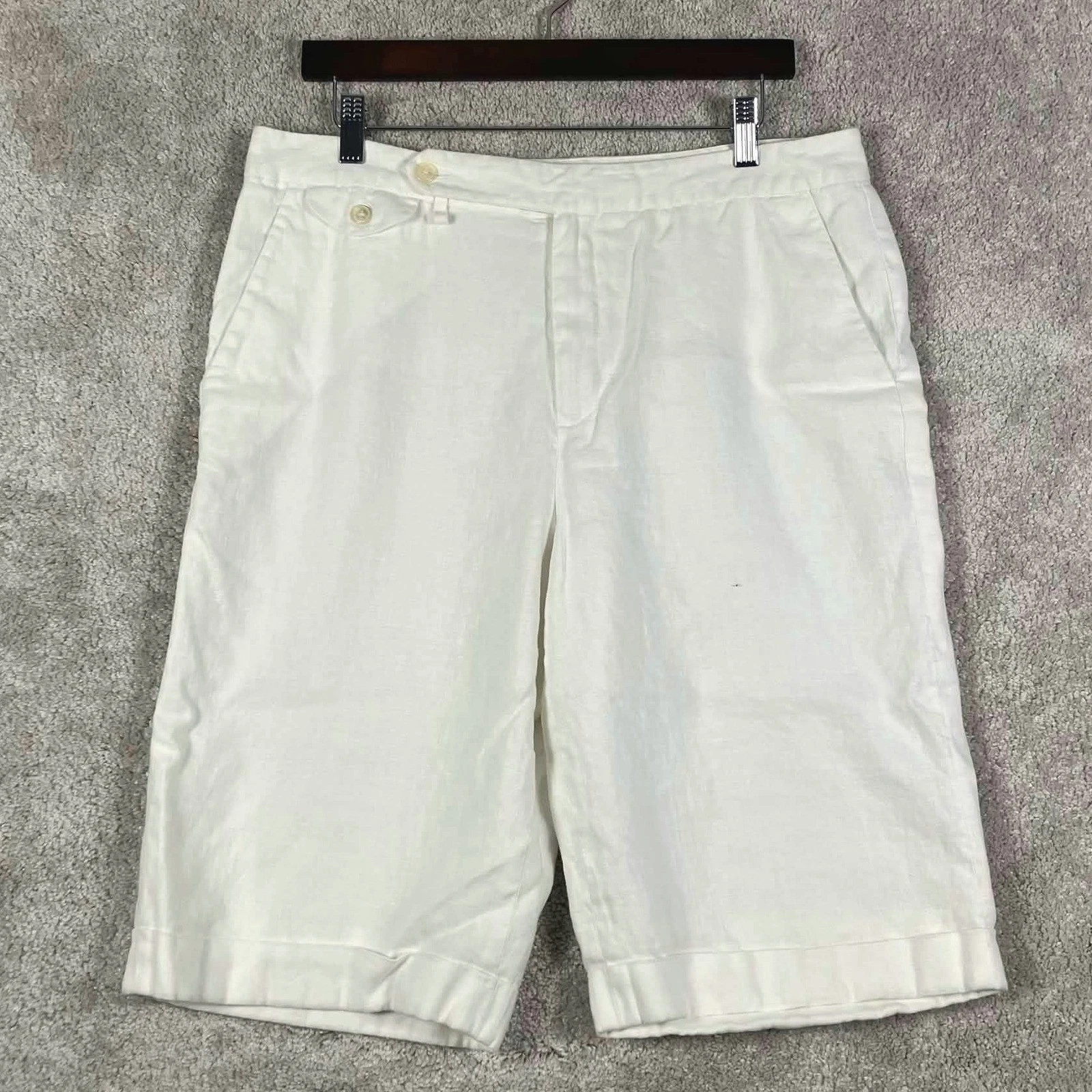 VTG Lauren Ralph Lauren White 100% Linen Bermuda Shorts Size 12 Luxury Coastal