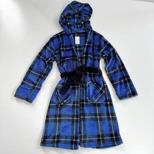 Cuddl Duds Boys Robe Plush with Hood Size M 8/10 Blue, Black, White Plaid