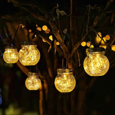 2 Pack Crackle Glass Solar Lantern with 30 LED Firefly Lights  Waterproof Out...