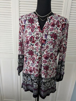CANDA Top Womens 8 Boho Chic Red Multi Floral Cottagecore Blouse Tunic Colorful