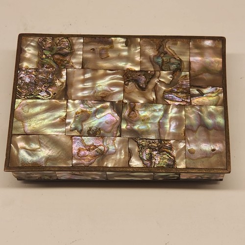Vintage Abalone Brass Shell Hinged Footed Jewelry Trinket Box Wood Lined Mexico - Picture 2 of 13