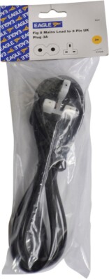 Adler 2 Meter Figur 8 Netzkabel zu 3 Pin UK Stecker 3A Stromkabel Figur 8