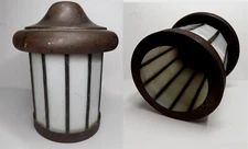 ANTIQUE AMERICAN CRAFTSMAN BANDED SLAG GLASS AND IRON HANGING LAMP SHADE