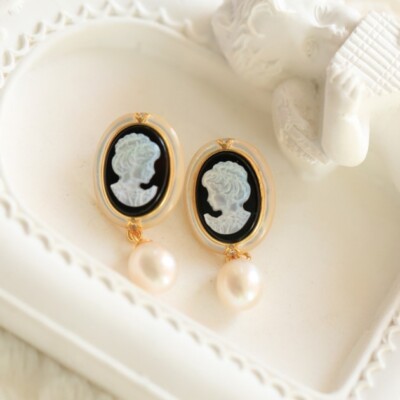 D18 Earrings Queen Elegant Lady Mother of Pearl Agate Black Pearl Silver 925 Gold Plated