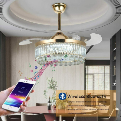 42'' Retractable Crystal Chandelier LED 7-Color Bluetooth Invisible Ceiling Fans