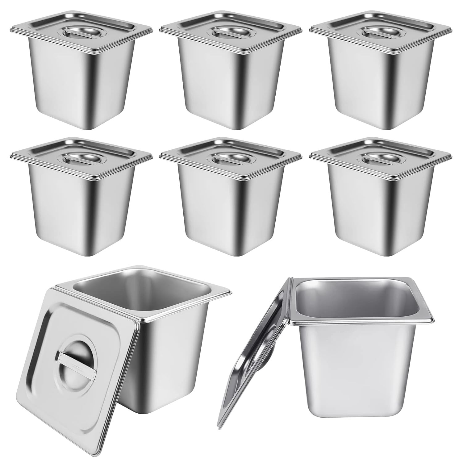 8 Packs Stainless Steel Hotel Pans 1/6 Size X 6" Deep Steam Table Pan with Lids