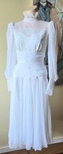VINTAGE LATE 1970s 70s PARTY PROM WHITE TEA LENGTH DISCO WEDDING DRESS GOWN S/M