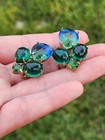 Vtg Blue Green Clip On Art Glass Givre Teardrop Cabochon Earring Prong Open Back