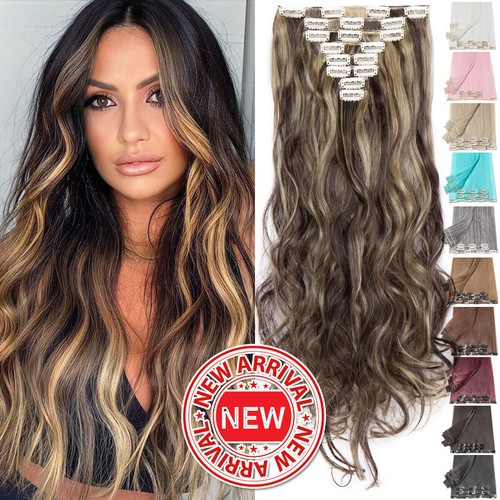 Real Long Highlights Hair Extensions Clip in Full Head Piece 18 Clips