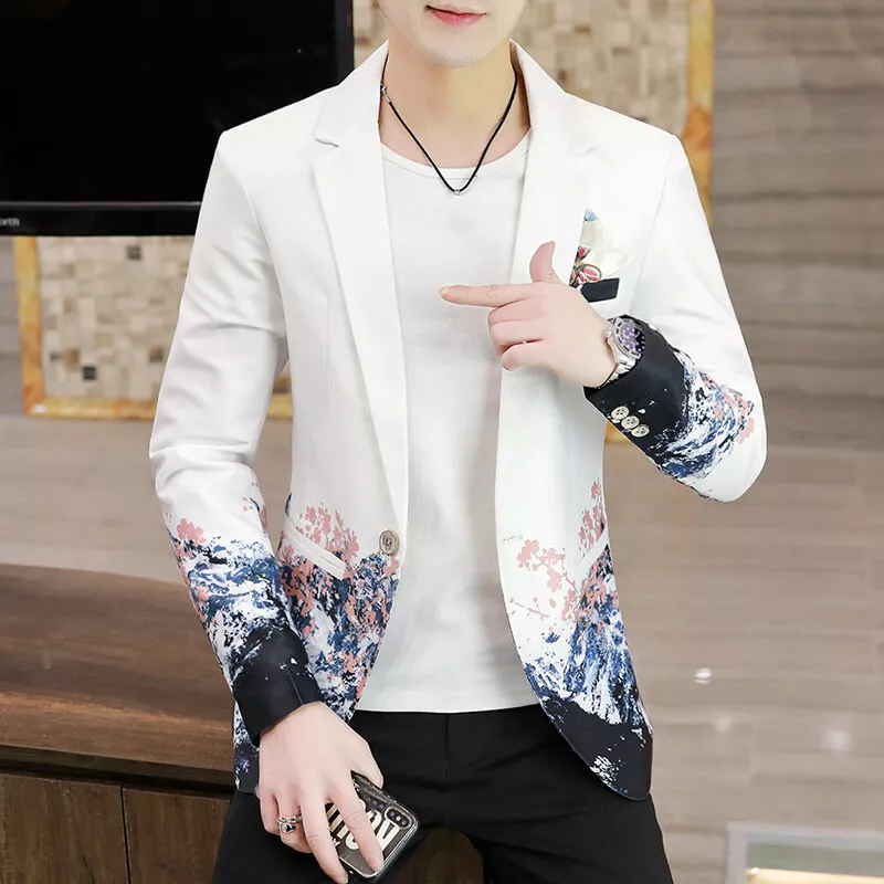 Men's Floral Print Jacket Slim Suit Coat Casual Youth Loose Lapel Short  Outwear