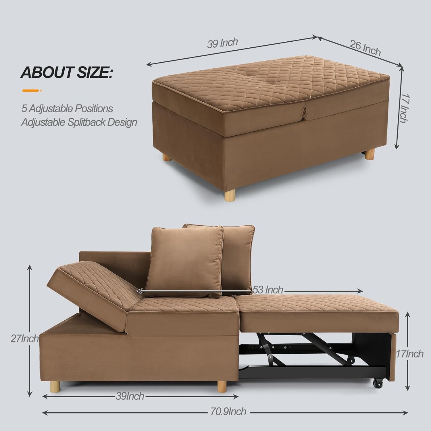 4in1 Convertible Sleeper Sofa with 5 Level Adjustable Backrest Velvet