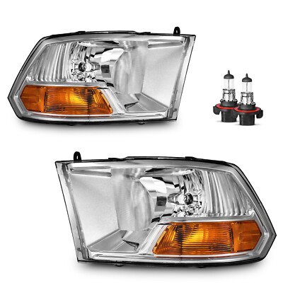 Pair Headlights For 2009-2012 Dodge Ram 1500 2500 3500 Chrome with Bulbs