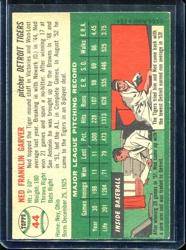 1954 Topps Baseball # 44 Ned Garver (NM) Near Mint - Picture 2 of 2