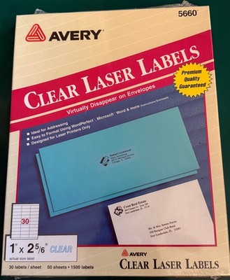 Avery Clear Address Laser Printer Labels 1'' x 2 5/6'' # 5660 50 Sheets 1500 New