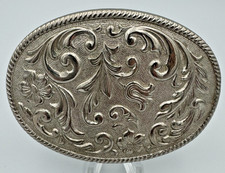 Vintage Western Floral Silver-Tone Oval Belt Buckle Rope Edge Scroll Design