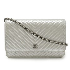 Chanel Chevron Lambskin Chain Wallet Women Silver One Size