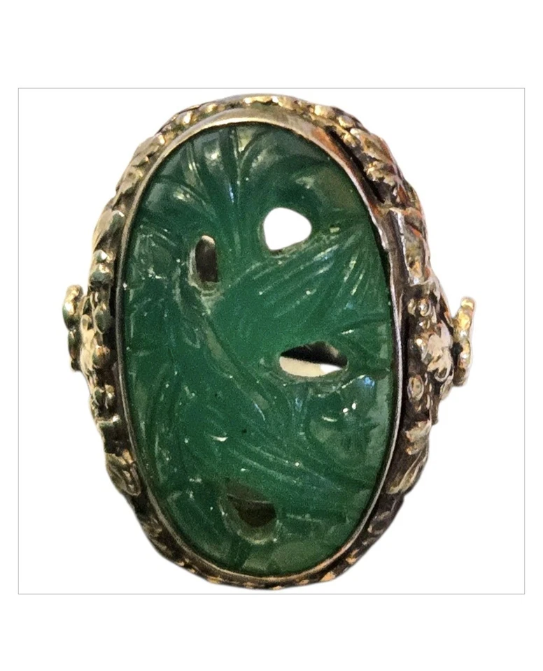 Anillos de calcedonia tallados a mano vintage de plata esterlina de exportación china tardía de los años 70 talla 7 Foto 2 de 4