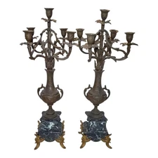 Large 26" Antique French Spelter & Marble Candelabras Bronzed Finish